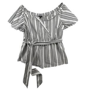 Lane Bryant Size 18 Blouse Gray White Striped Off the Shoulder Tie at Waist